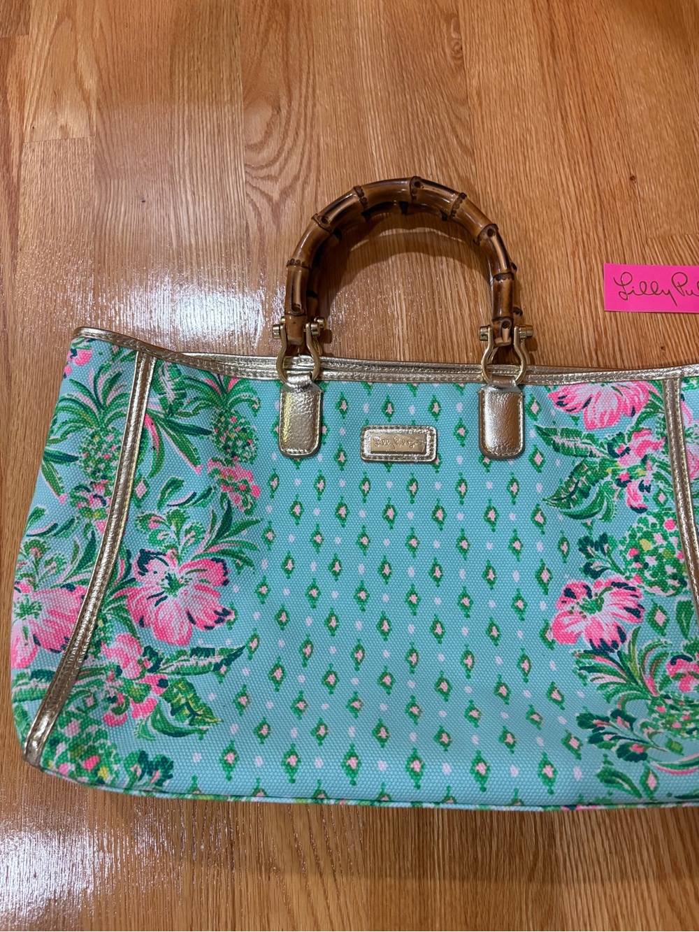 NWT Lilly Pulitzer Mint Floral Tote with Bamboo Handles - Picture 2 of 5